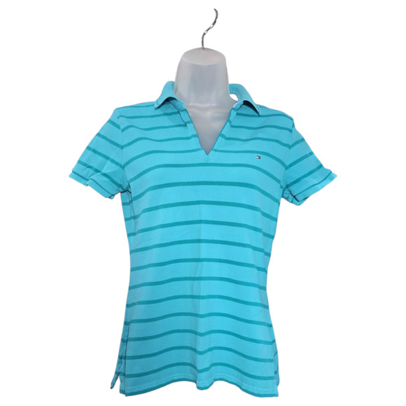 Tommy Hilfiger Women Medium Blue Striped Short Sleeve Polo Top Y2K 2000s Preppy - Picture 1 of 9